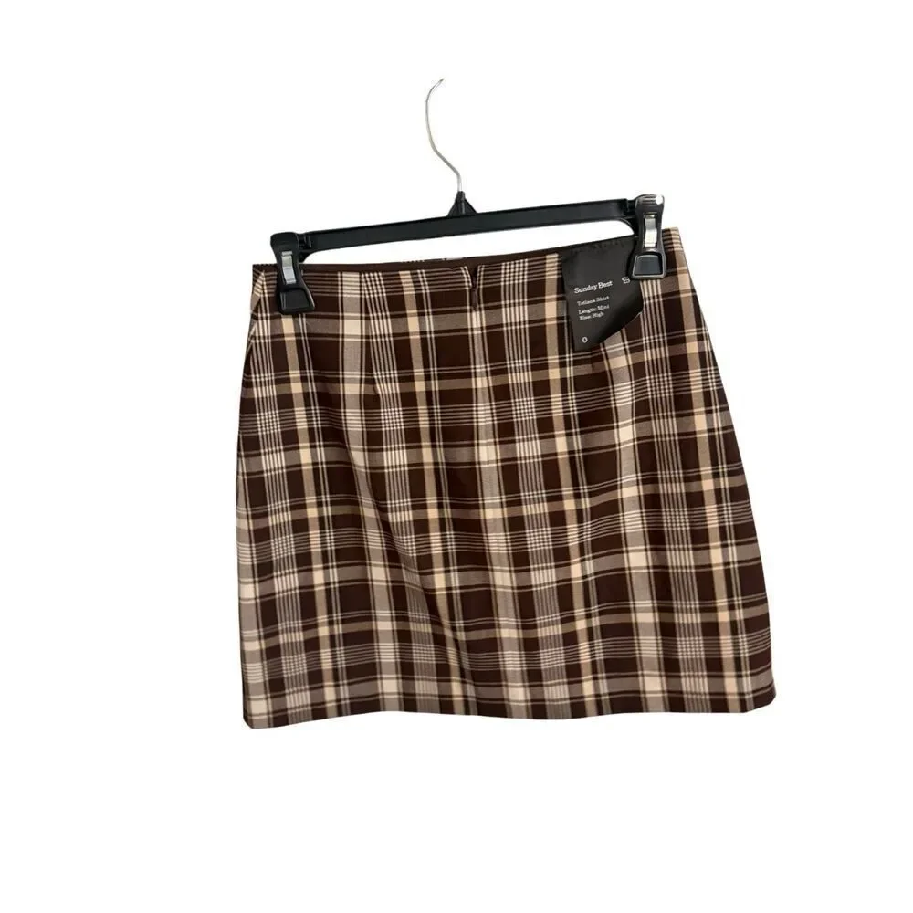 NWT Aritzia Sunday Best Tatiana Skirt Brown Plaid High Waist Mini Size 0